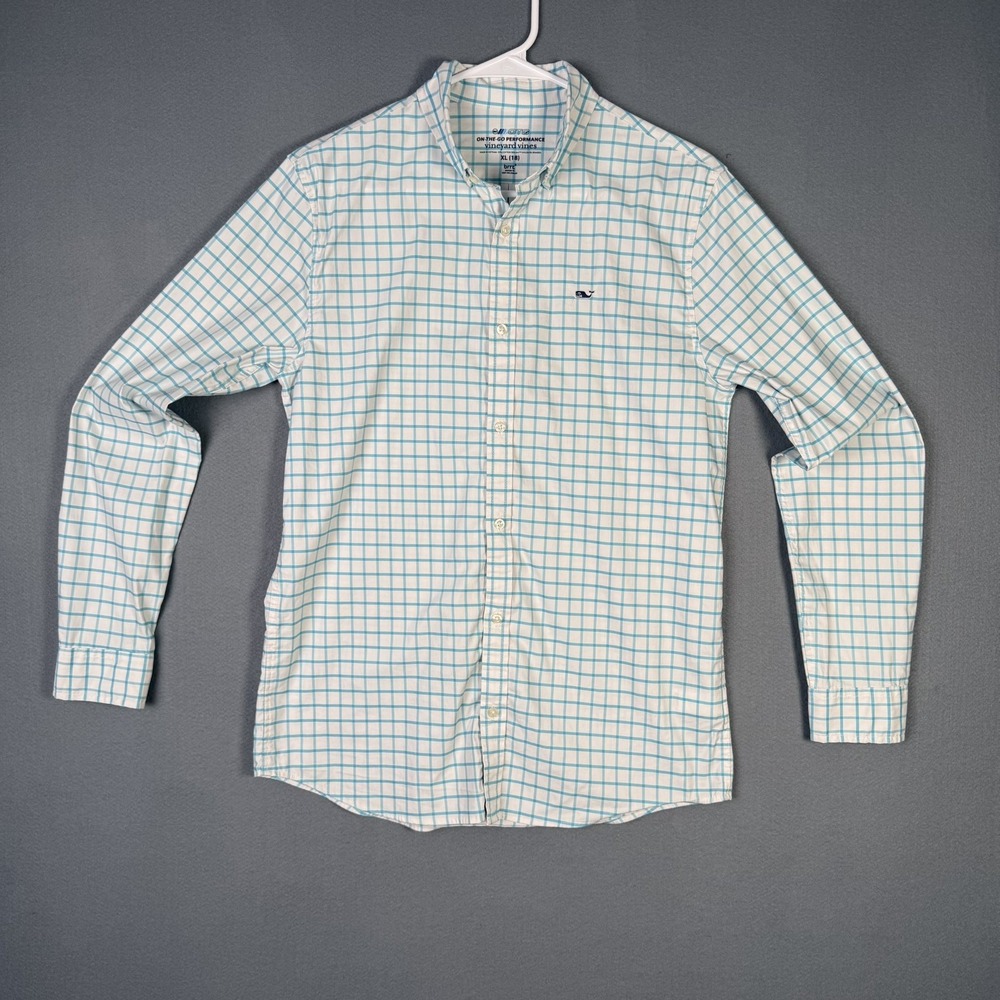 Vineyard Vines Shirt Boys XL 18 Blue Plaid OTG Performance Brrr Long Sleeve
